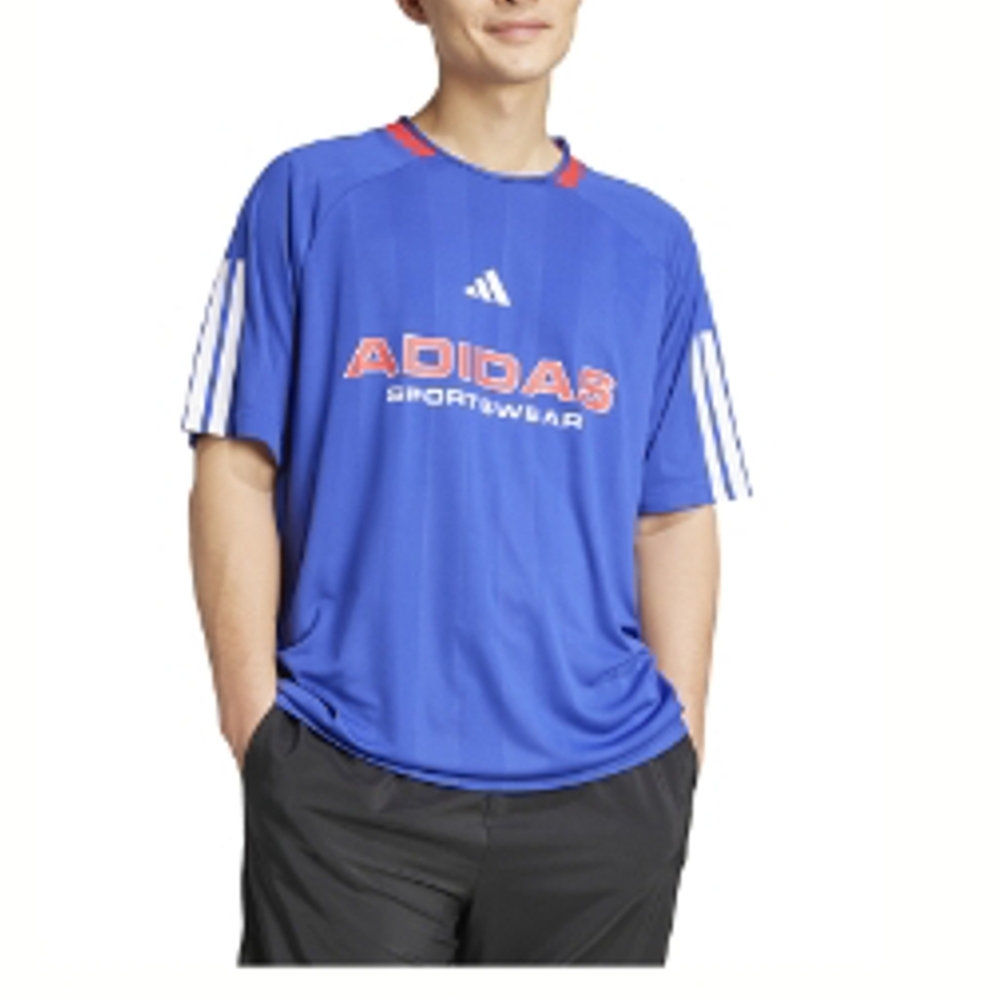 Adidas Men's Small Blue Tiro Jersey with White Stripes.